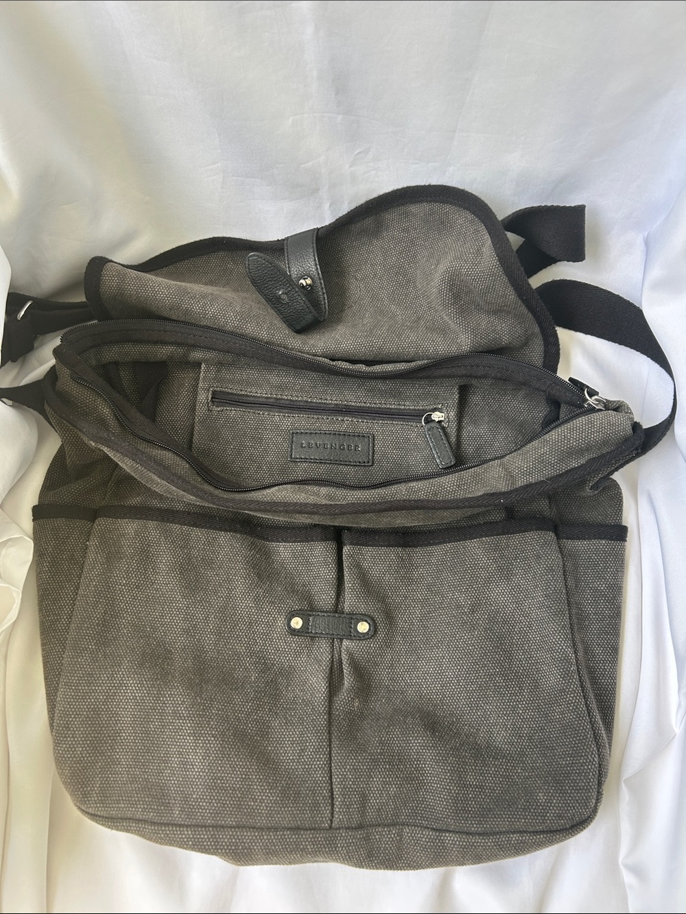 Levenger Gray Canvas Messenger Bag with Dark Trim and Leather Accents